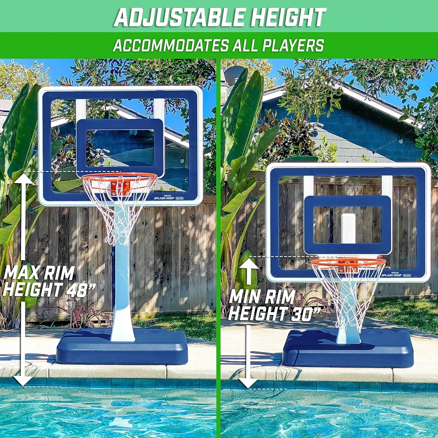 GoSports Splash Hoop Elite - Adjustable Height or Fixed Post - Pool Hoop Basketball Game with Water Weighted Base, Regulation Steel Rim and 2 Pool Basketballs