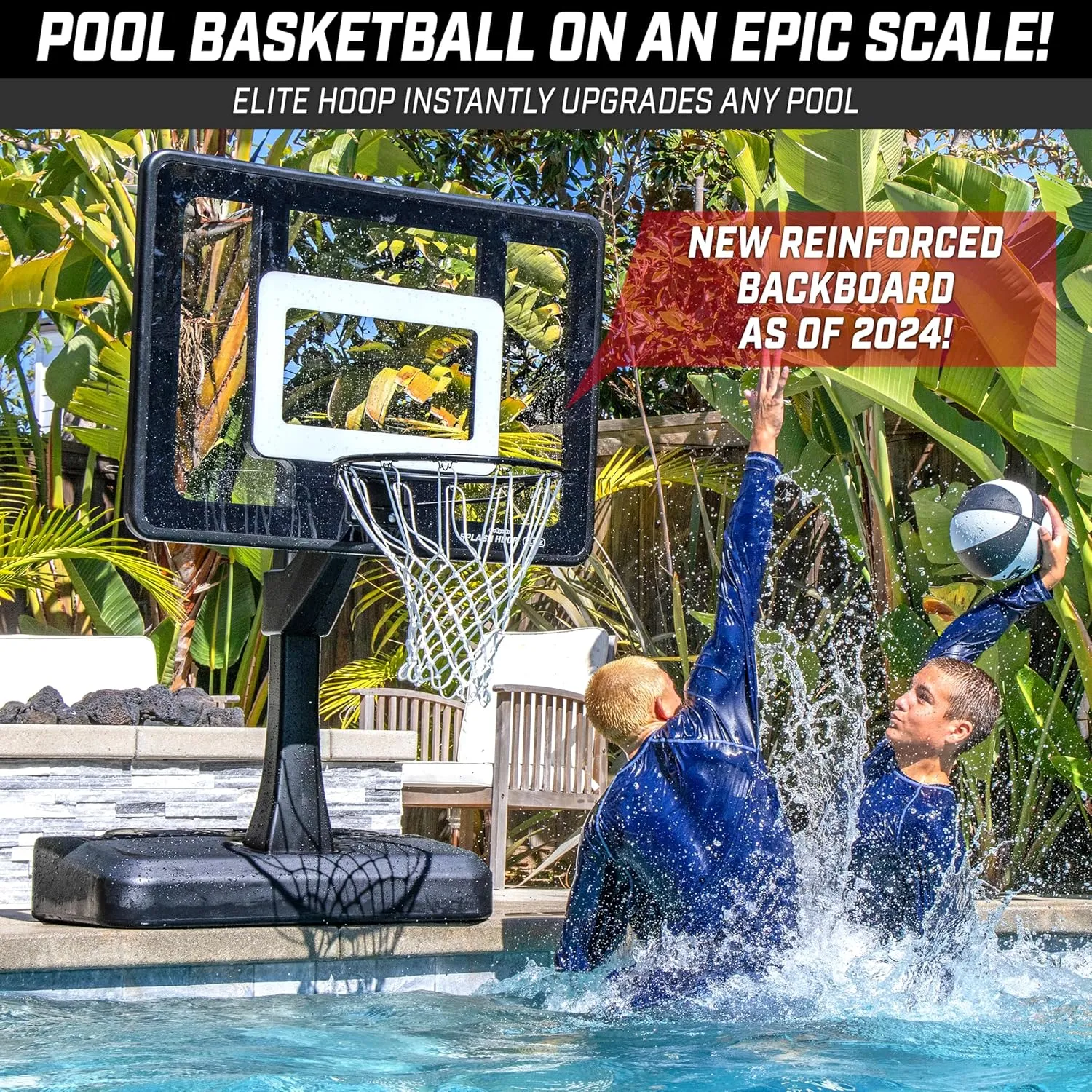 GoSports Splash Hoop Elite - Adjustable Height or Fixed Post - Pool Hoop Basketball Game with Water Weighted Base, Regulation Steel Rim and 2 Pool Basketballs