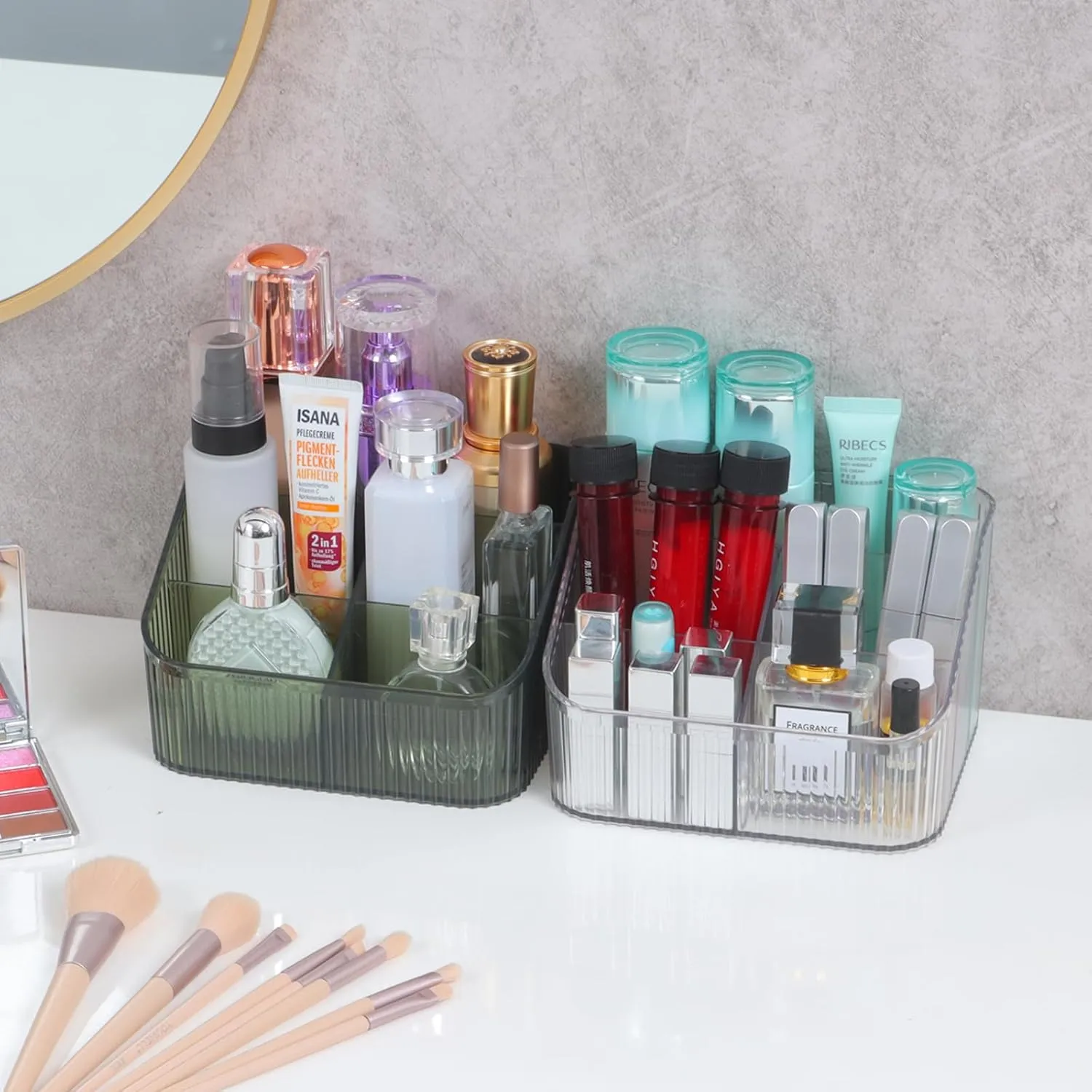Green Makeup Organizer, Makeup Brush Holder 8 Cups for Vanity, Bathroom Countertop Cups, Dresser Organizer for Cosmetic Display, Skincare Cups, Perfume Stand, Toiletry