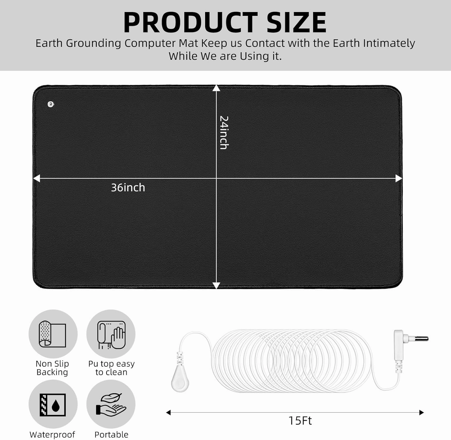 Grounding Mat Kit for Healthy Grounding Energy, Grounding Pad for Sleep with Grounding Wristband & 15ft Grounding Cord, for Improve Sleep and Reduce Anxiety (24x36inch)