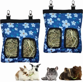 Guinea Pig Hay Feeder, Hanging Rabbit Hay Feeder Bag for Guinea Pigs Bunnies Chinchillas. Blueflower, 2 Count