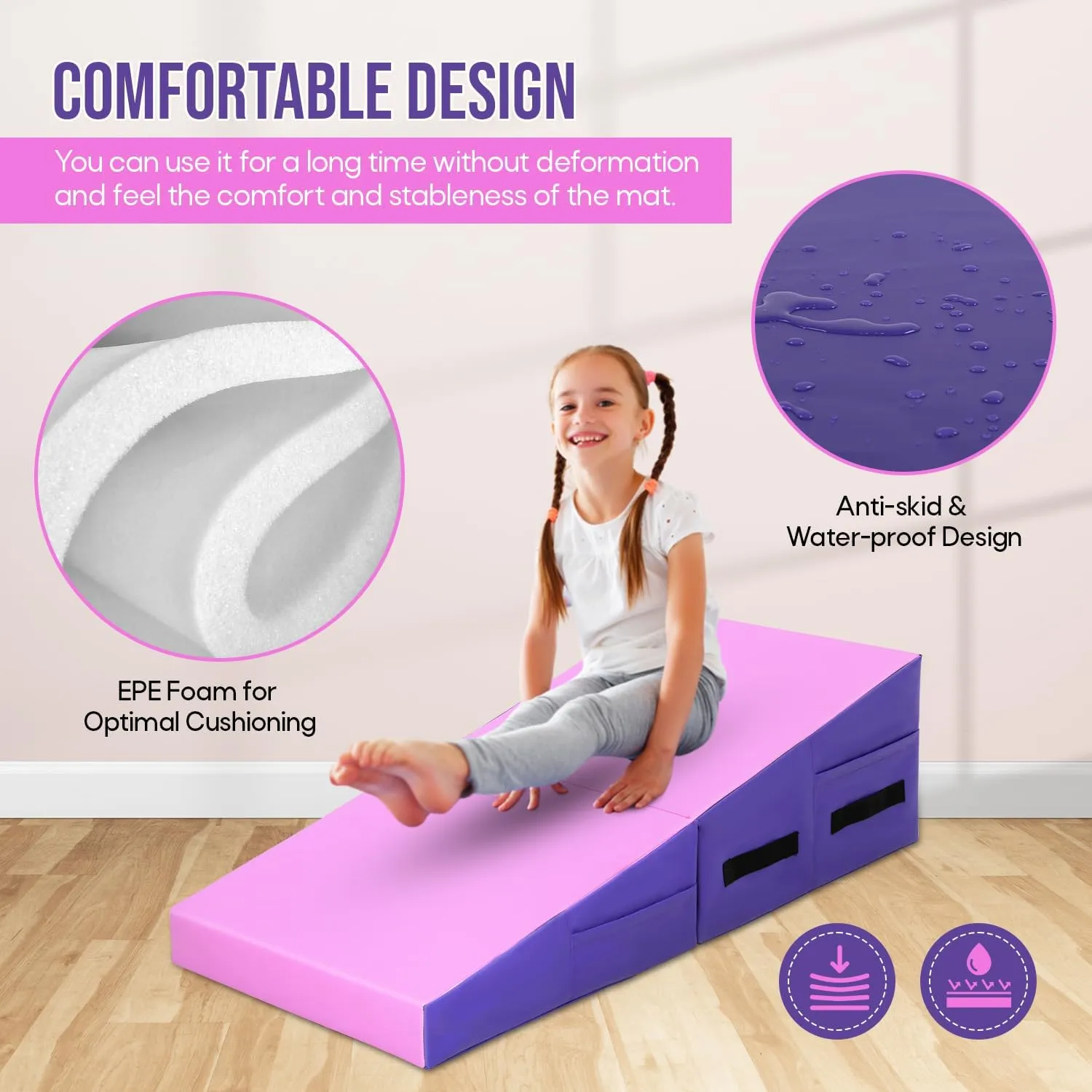 Gymnastics Mat Incline Tumbling Mats yoga mat for Home Gym, Folding Exercise Mat with Non-Slip PU Surface & Handles, Cheese Wedge Mat