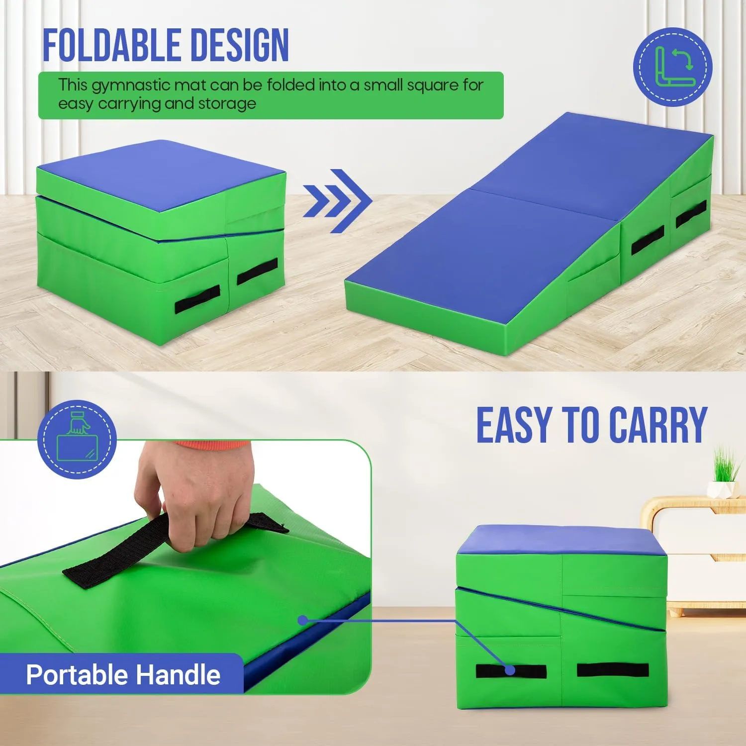 Gymnastics Mat Incline Tumbling Mats yoga mat for Home Gym, Folding Exercise Mat with Non-Slip PU Surface & Handles, Cheese Wedge Mat