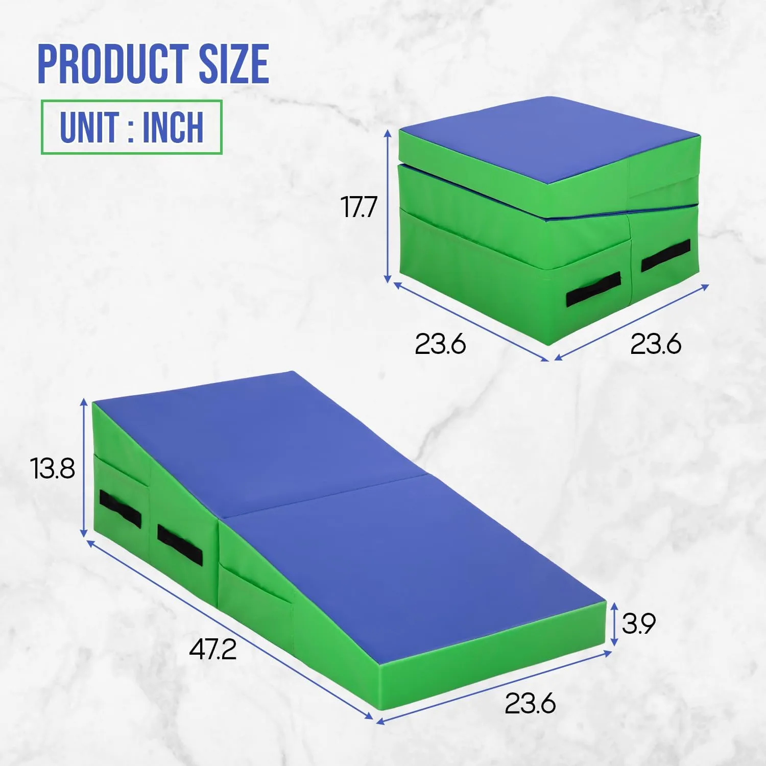 Gymnastics Mat Incline Tumbling Mats yoga mat for Home Gym, Folding Exercise Mat with Non-Slip PU Surface & Handles, Cheese Wedge Mat