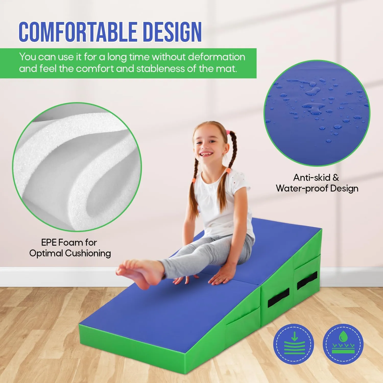 Gymnastics Mat Incline Tumbling Mats yoga mat for Home Gym, Folding Exercise Mat with Non-Slip PU Surface & Handles, Cheese Wedge Mat