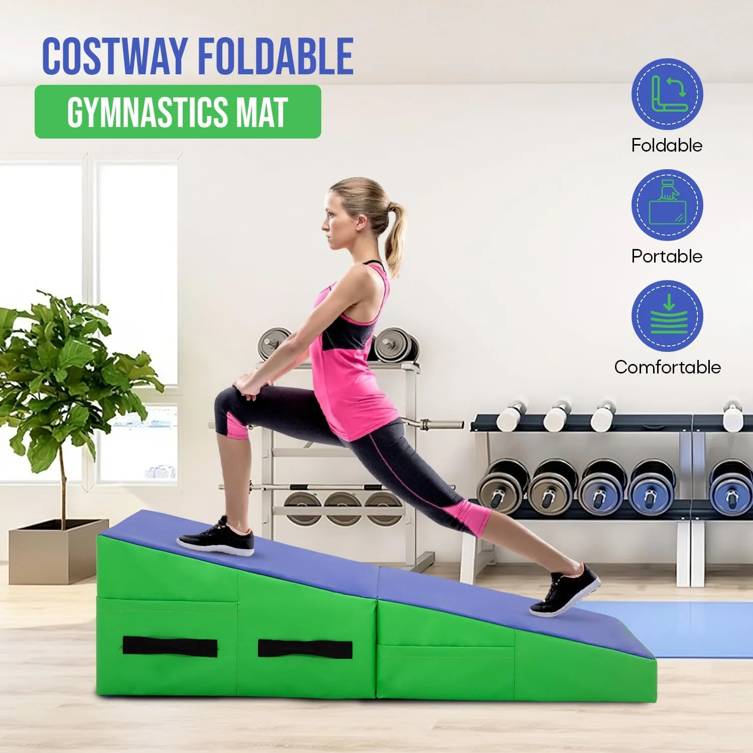 Gymnastics Mat Incline Tumbling Mats yoga mat for Home Gym, Folding Exercise Mat with Non-Slip PU Surface & Handles, Cheese Wedge Mat