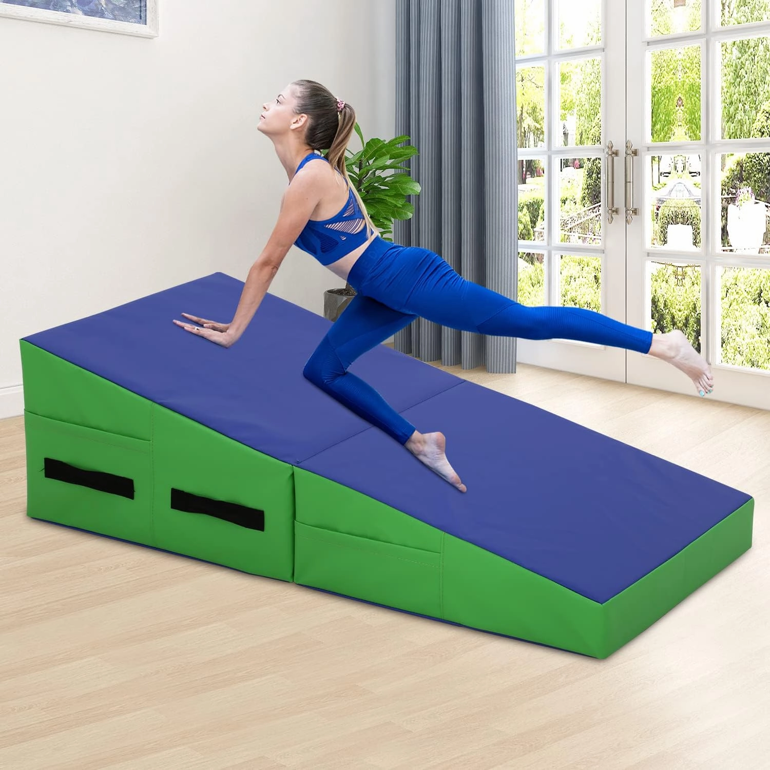 Gymnastics Incline Wedge Mat 48x24 Inch - Folding Tumbling Mat for Indoor/Outdoor Exercise - Home Gym Yoga Mat With Handle for Kids Girls - Cheese Mat