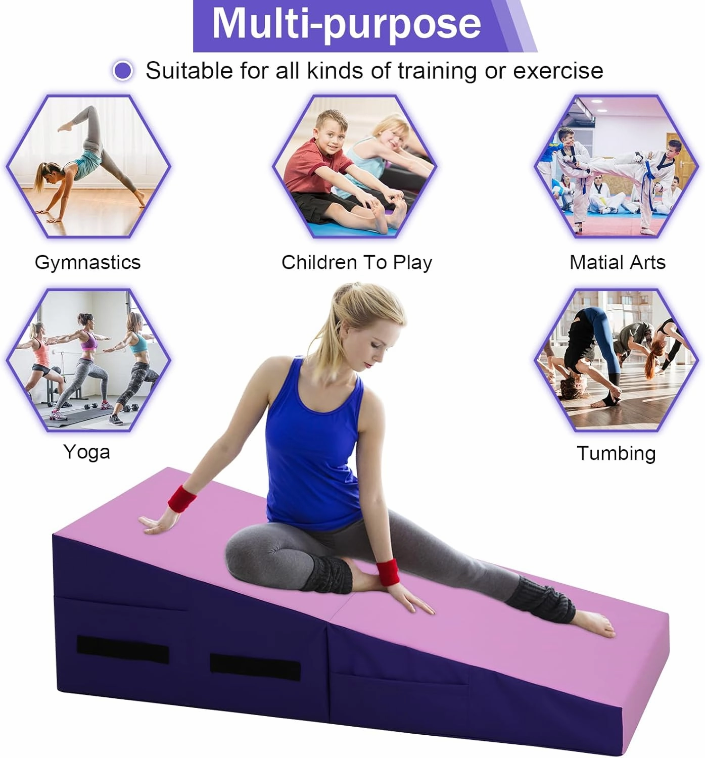 Gymnastics Mat 34”X24”X14” Incline Tumbling Mats for Home Gym, Folding Exercise Mat Cheese Wedge Mat with Non-Slip PVC Surface & Handles for Kid Adults Workout