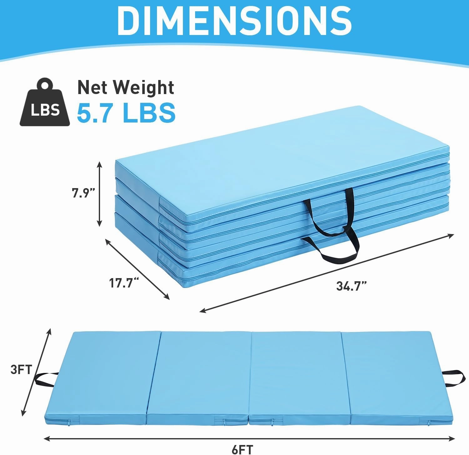 Gymnastics Mat, 3'x6'/4'x8' Thick Folding Kids' Gymnastic Tumbling Mat with Carrying Handles for Home Gym Exercise & Play
