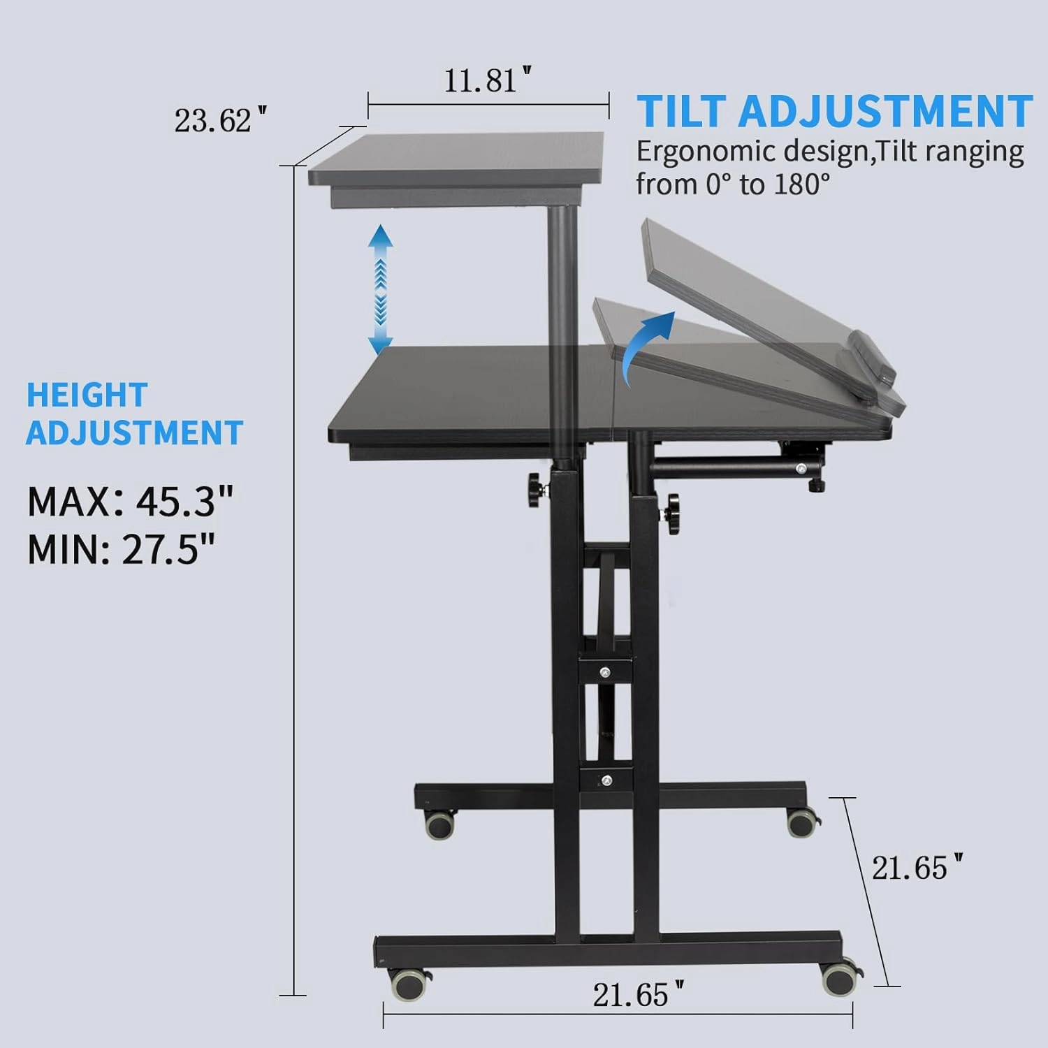 Hadulcet Mobile Standing Desk with Charging Station, Adjustable Standing Computer Desk, Standing Adjustable Laptop Cart with Wheels for Home Office Classroom Black