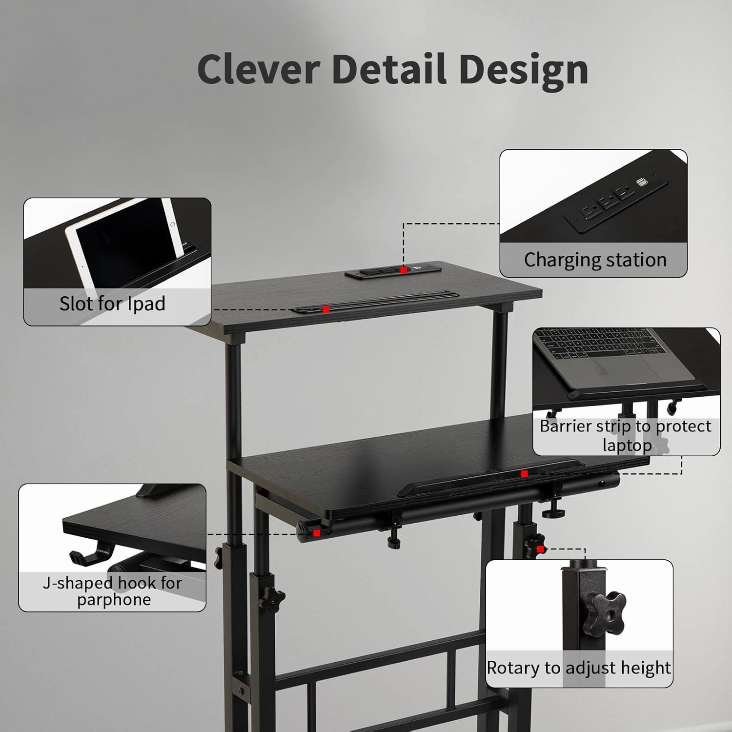Hadulcet Mobile Standing Desk with Charging Station, Adjustable Standing Computer Desk, Standing Adjustable Laptop Cart with Wheels for Home Office Classroom Black