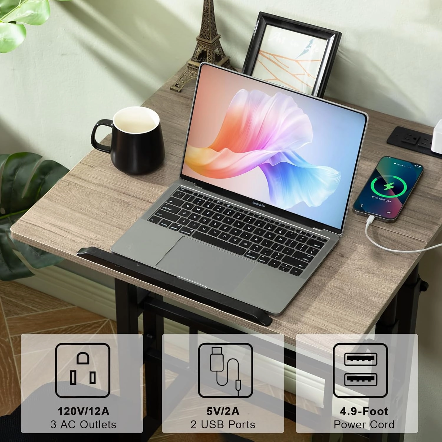 Hadulcet Mobile Standing Desk with Charging Station, Adjustable Standing Computer Desk, Standing Adjustable Laptop Cart with Wheels for Home Office Classroom Light Grey
