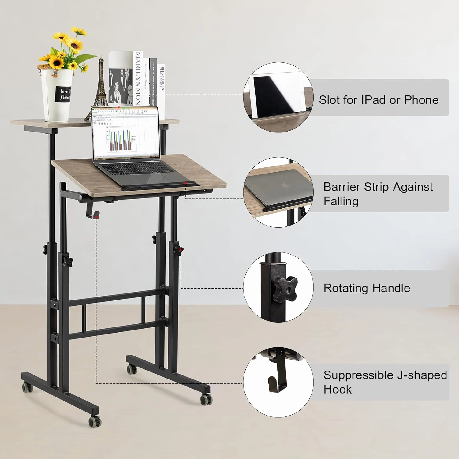Hadulcet Mobile Standing Desk with Charging Station, Adjustable Standing Computer Desk, Standing Adjustable Laptop Cart with Wheels for Home Office Classroom Light Grey