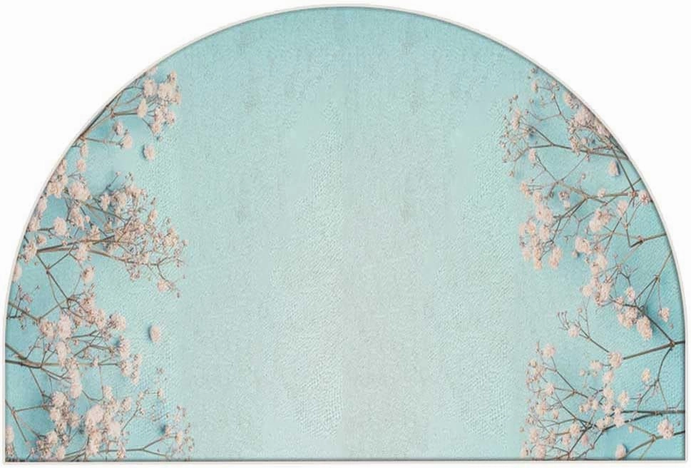 Half Round Entrance Mat Light Blue Floral White Flowers Breath Pastel Layout Banner X S Washable Bath Rug Bath Home Kitchen Dinner Decor