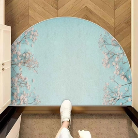 Half Round Entrance Mat Light Blue Floral White Flowers Breath Pastel Layout Banner X S Washable Bath Rug Bath Home Kitchen Dinner Decor