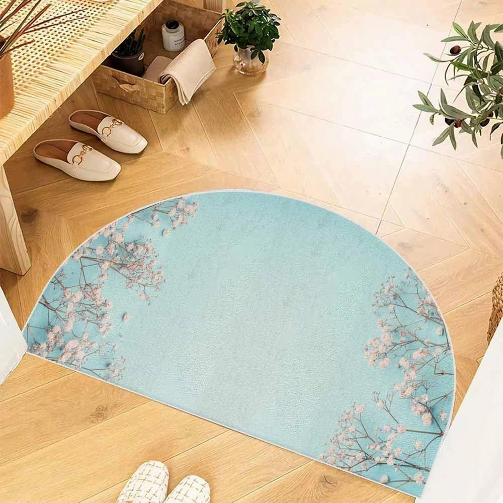 Half Round Entrance Mat Light Blue Floral White Flowers Breath Pastel Layout Banner X S Washable Bath Rug Bath Home Kitchen Dinner Decor