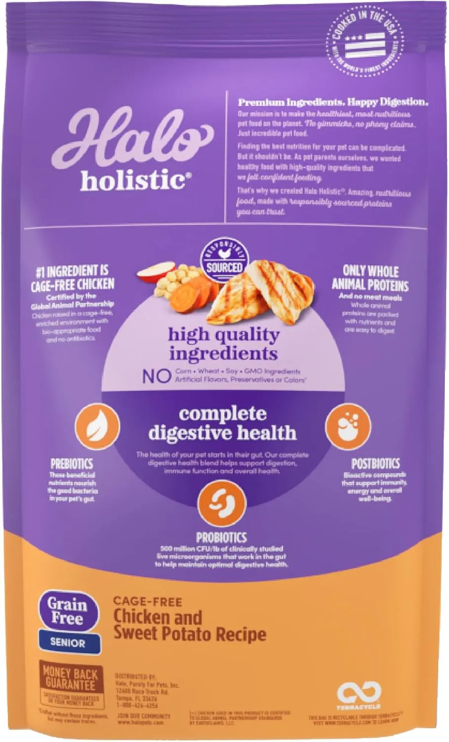 Halo Holistic Senior Dog Food, Cage Free Chicken & Sweet Potato Recipe, Grain Free Dry Dog Food, Complete Digestive Health, 3.5 lb Bag