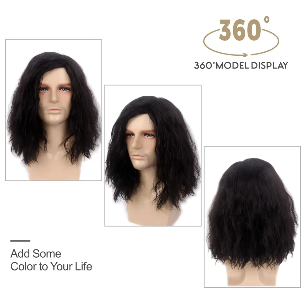 H&Bwig Black Curly Long Wavy Fluffy Wig for Men - Synthetic Hair for Daily Costume Party (Black)