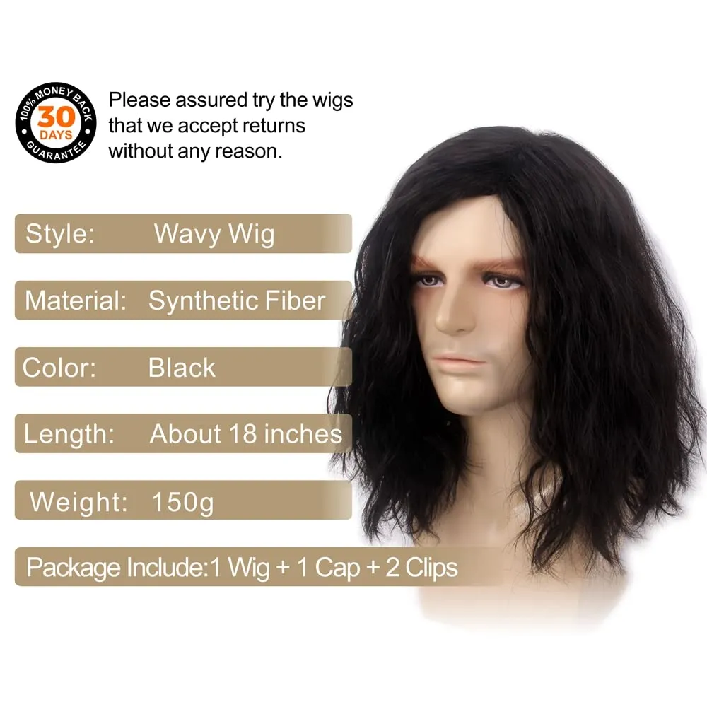 H&Bwig Black Curly Long Wavy Fluffy Wig for Men - Synthetic Hair for Daily Costume Party (Black)