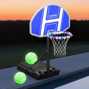 Haokelball Pool Basketball Hoop Outdoor Poolside Water Basketball Hoop with Light Adjustable Height 45"-59" Swimming Pool Basketball Game with 2 Balls and Pump (Blue)