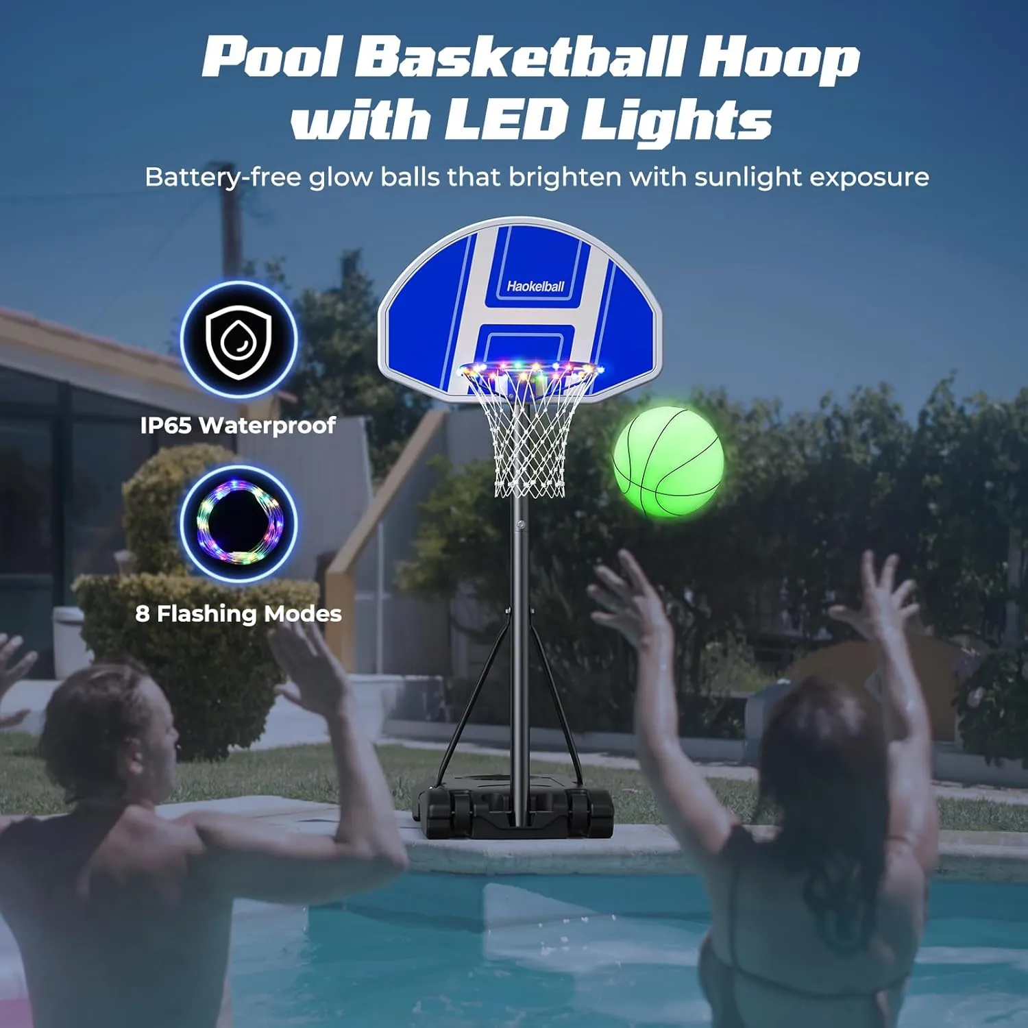 Haokelball Pool Basketball Hoop Outdoor Poolside Water Basketball Hoop with Light Adjustable Height 45"-59" Swimming Pool Basketball Game with 2 Balls and Pump (Blue)