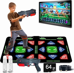 HDMI dance mat with a motion-sensing gun,upgraded 64GB storage,885 songs,1022 games,81 MTVs. Combines dance, shooting games, sports, and puzzle games. Ideal as a gift for children. Made of flannel