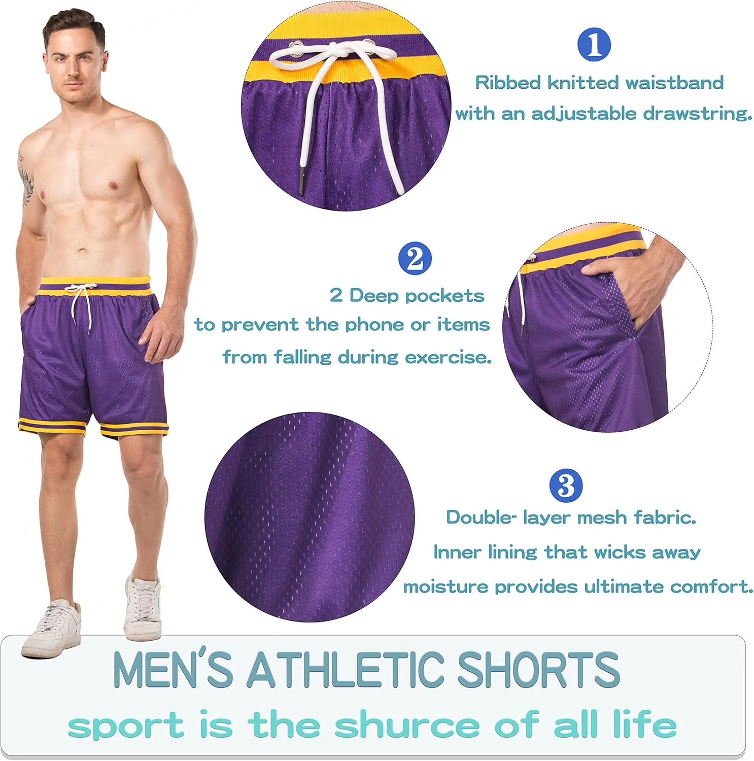 HEALONG Basketball Athletic Shorts Men - Mesh Gym Sports Workout Training Drawstring Retro Casual Fashion Short with Pockets