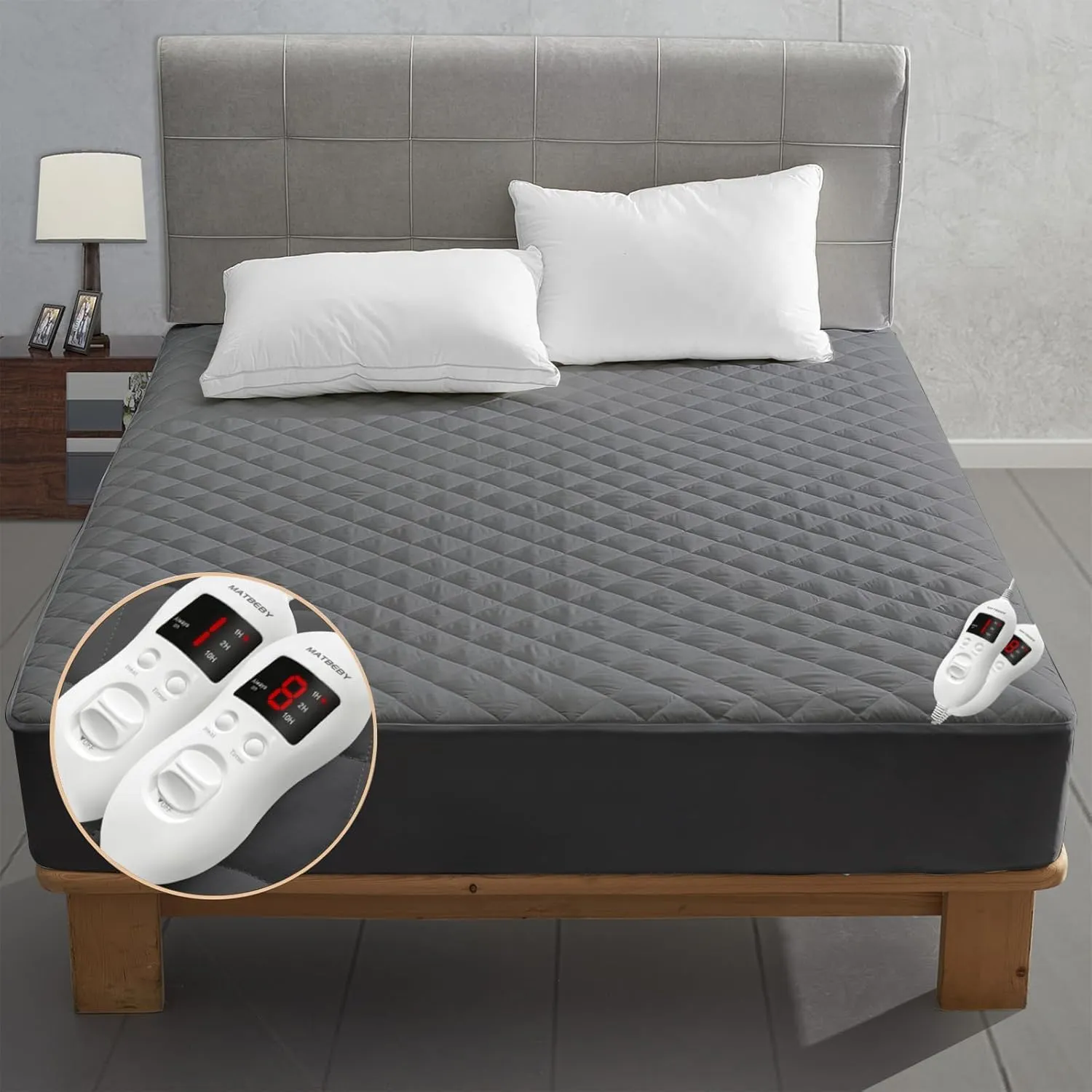 Heated Mattress Pad Queen Size, Electric Mattress Pad Cover w/Dual Control 8 Heating Settings, Bed Warmer w/ 4 Auto Shut Off Settings, UL Certified, Deep Pocket, Machine Washable, Dark Grey