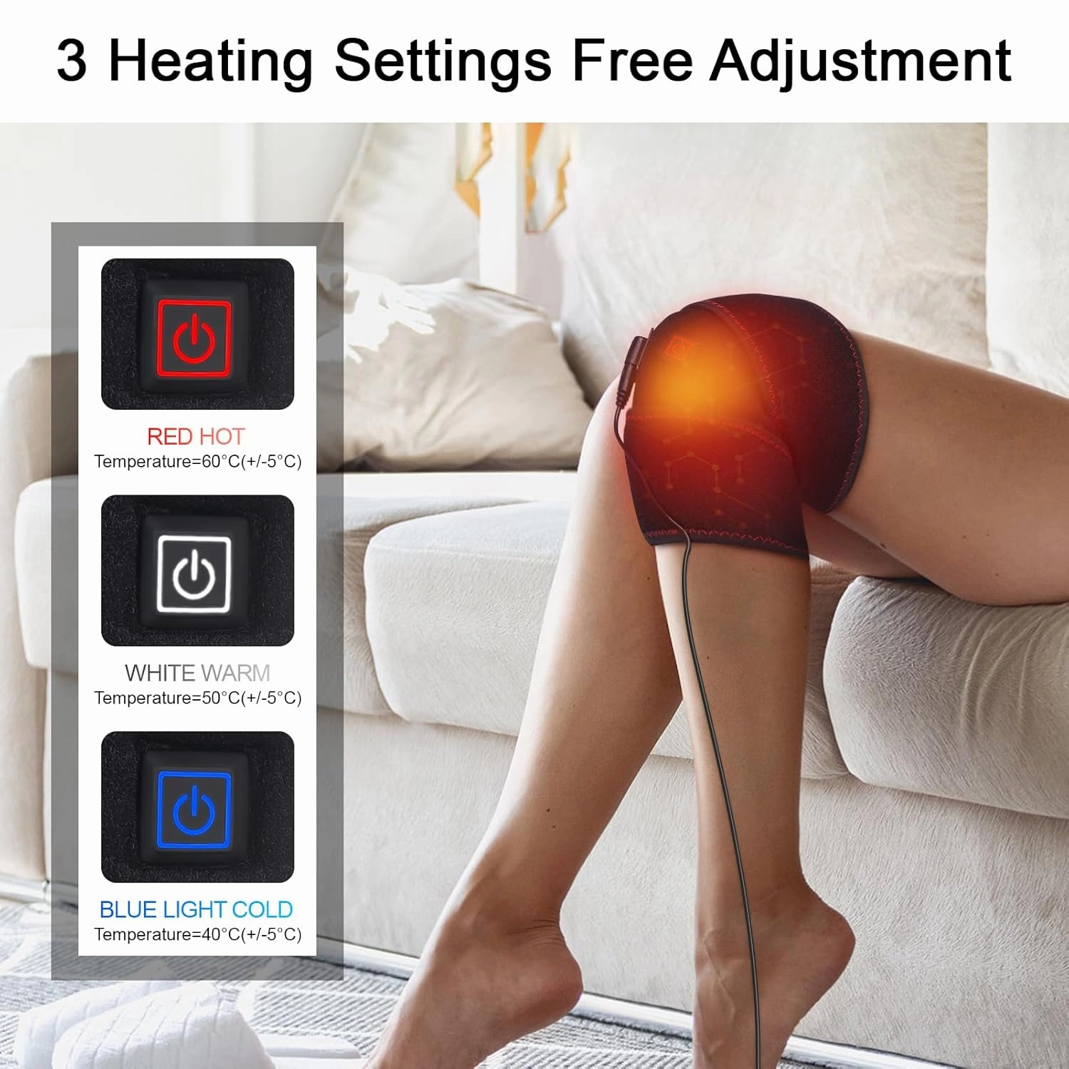Heated Knee Brace Wrap 3 Adjustable Temperature Thermal Therapy Heated knee pad with USB Adapter Heating Pad for Joint Soreness Swelling Cramps Rheumatism, work for 5V2A (Not rechargeable) 1pairs