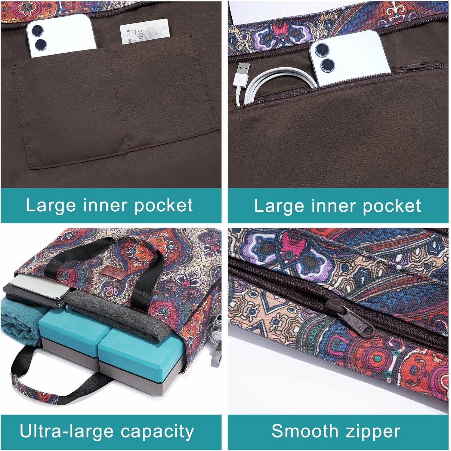 Heathyoga Multi-Functional Yoga Mat Carrier Gym Tote Bag - Large Mat Pocket, Women's Workout Bag