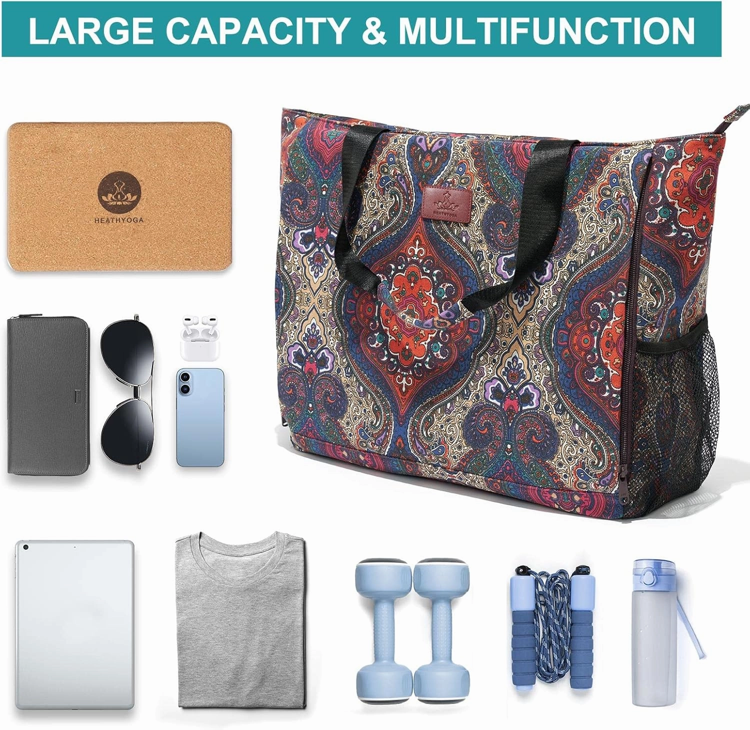 Heathyoga Multi-Functional Yoga Mat Carrier Gym Tote Bag - Large Mat Pocket, Women's Workout Bag