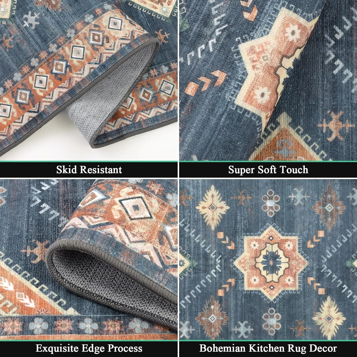 HEBE Boho Kitchen Rug Sets 3 Piece with Runner Non Slip Kitchen Rugs and Mats Washable Kitchen Mats for Floor Thick Kitchen Floor Mat Carpet Runner Rugs for Hallway Laundry Holiday Decor