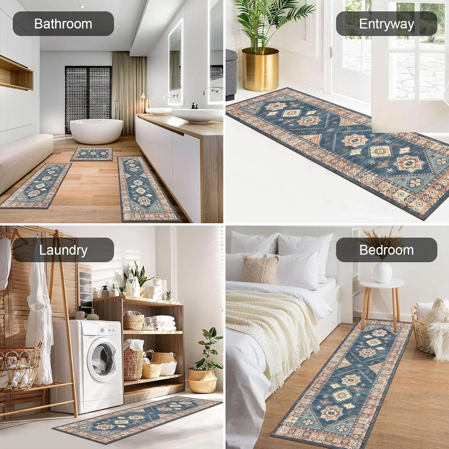 HEBE Boho Kitchen Rug Sets 3 Piece with Runner Non Slip Kitchen Rugs and Mats Washable Kitchen Mats for Floor Thick Kitchen Floor Mat Carpet Runner Rugs for Hallway Laundry Holiday Decor