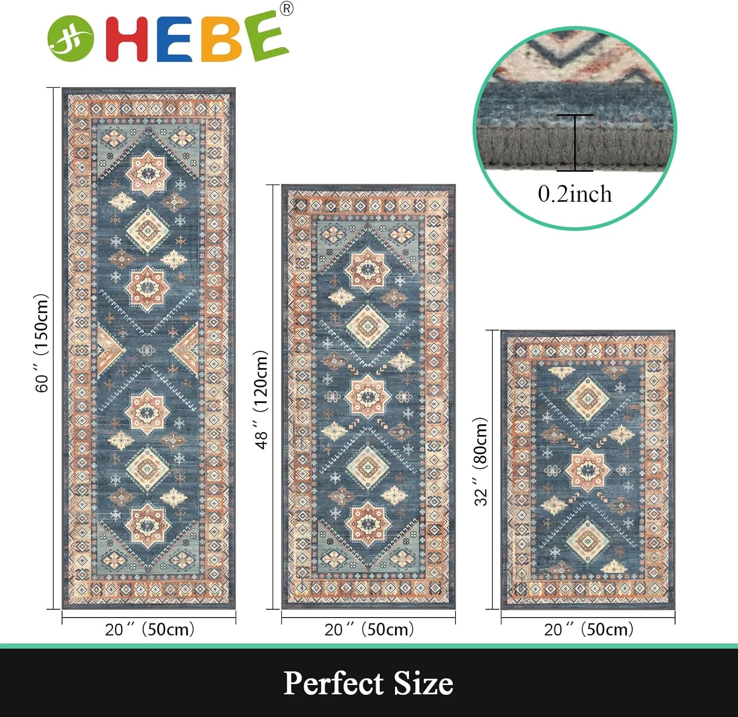 HEBE Boho Kitchen Rug Sets 3 Piece with Runner Non Slip Kitchen Rugs and Mats Washable Kitchen Mats for Floor Thick Kitchen Floor Mat Carpet Runner Rugs for Hallway Laundry Holiday Decor