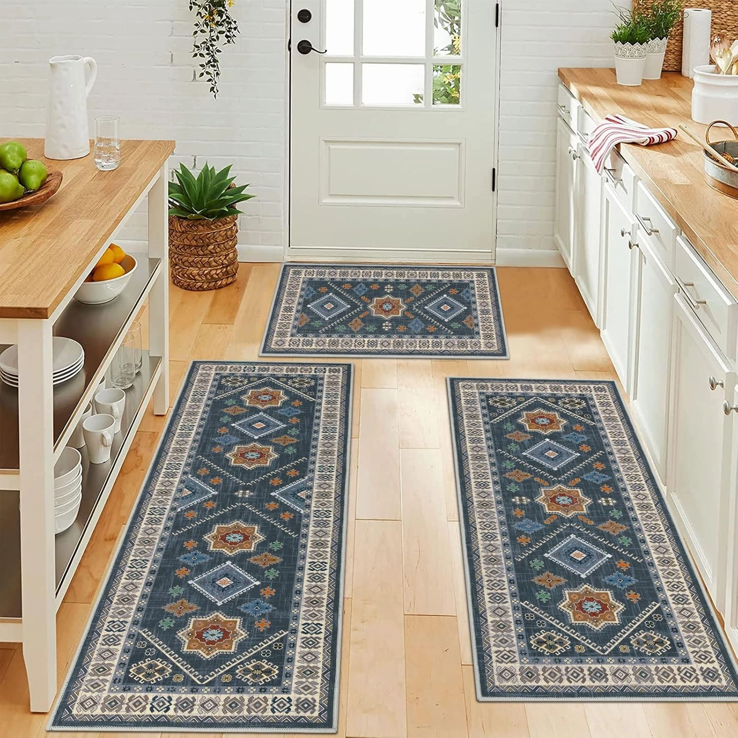 HEBE Boho Kitchen Rug Sets 3 Piece with Runner Non Slip Kitchen Rugs and Mats Washable Kitchen Mats for Floor Thick Kitchen Floor Mat Carpet Runner Rugs for Hallway Laundry Holiday Decor