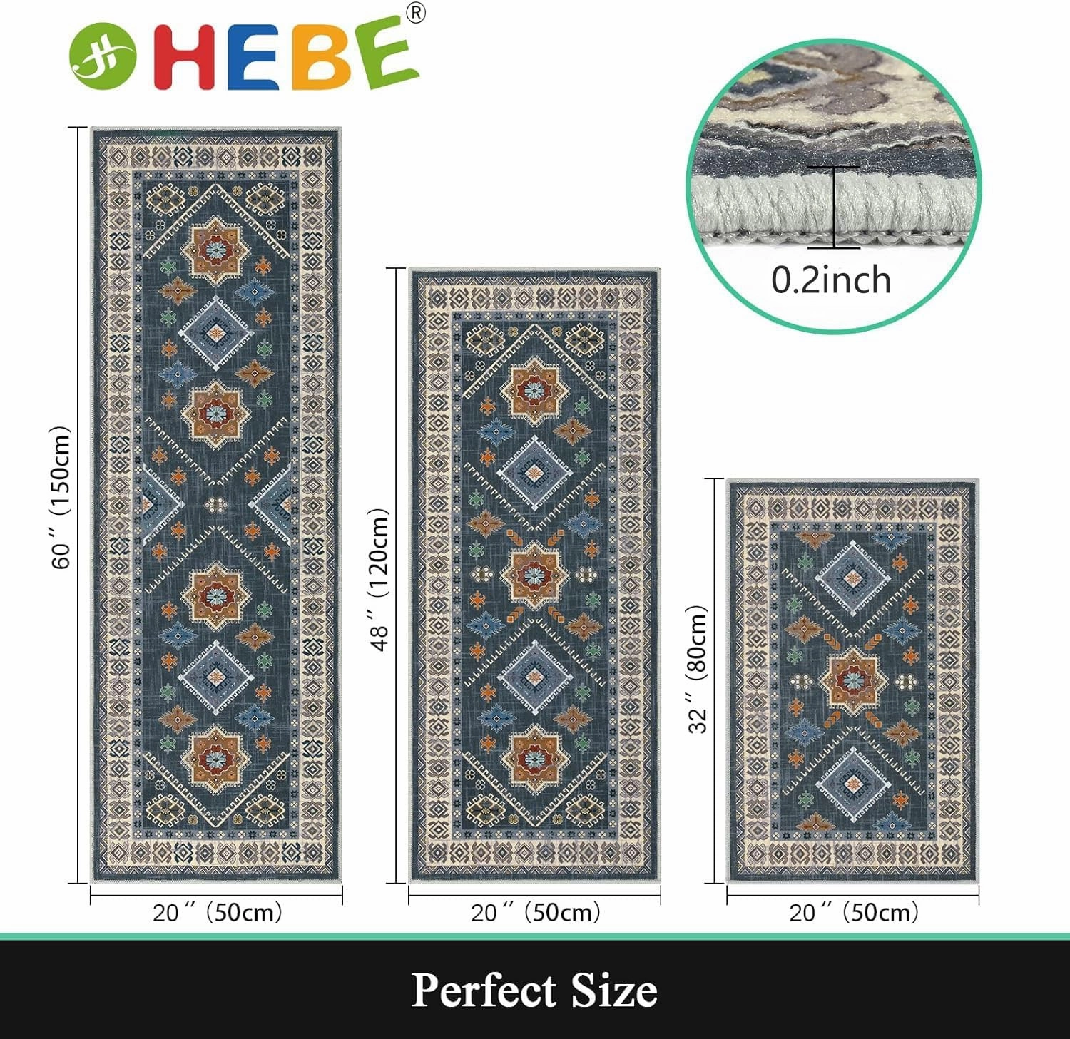HEBE Boho Kitchen Rug Sets 3 Piece with Runner Non Slip Kitchen Rugs and Mats Washable Kitchen Mats for Floor Thick Kitchen Floor Mat Carpet Runner Rugs for Hallway Laundry Holiday Decor