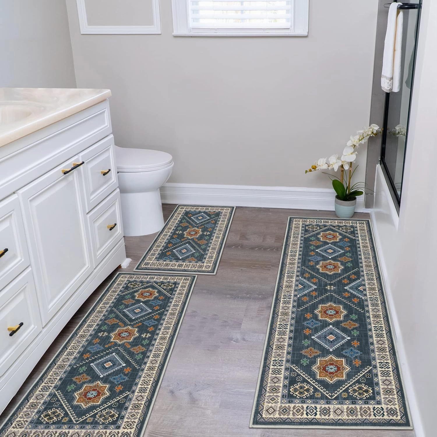 HEBE Boho Kitchen Rug Sets 3 Piece with Runner Non Slip Kitchen Rugs and Mats Washable Kitchen Mats for Floor Thick Kitchen Floor Mat Carpet Runner Rugs for Hallway Laundry Holiday Decor