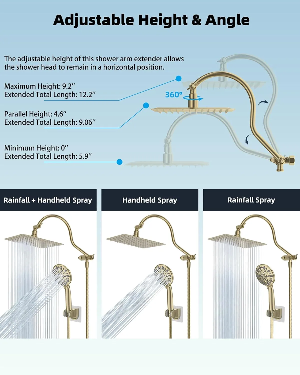 Hibbent All Metal Shower Head, 10'' High Pressure Rainfall Shower Head/Handheld Showerhead Combo with 12'' Adjustable Curved Shower Extension Arm, 7-Spray, 71'' Hose, Showerhead Holder, Brushed Gold