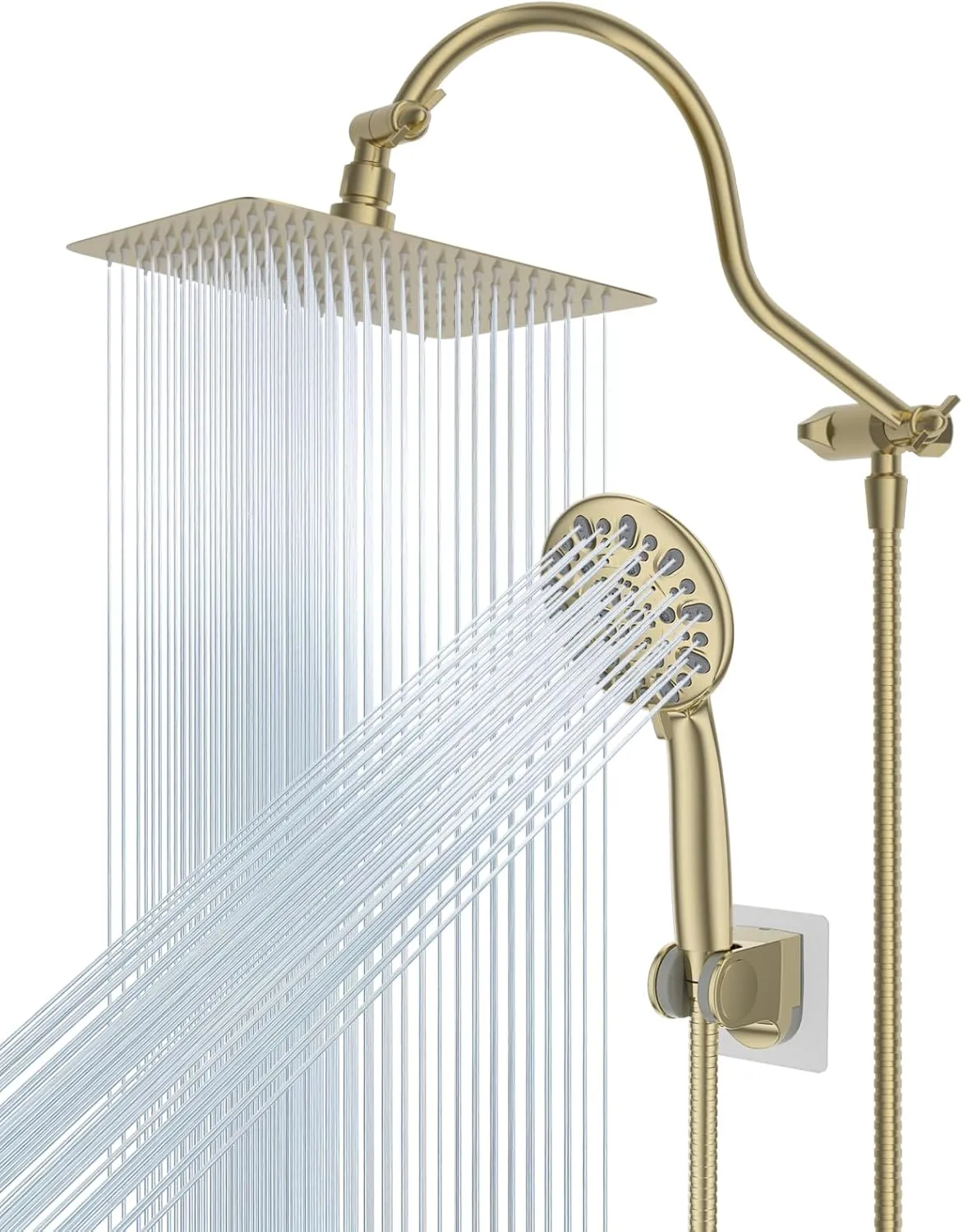 Hibbent All Metal Shower Head, 10'' High Pressure Rainfall Shower Head/Handheld Showerhead Combo with 12'' Adjustable Curved Shower Extension Arm, 7-Spray, 71'' Hose, Showerhead Holder, Brushed Gold