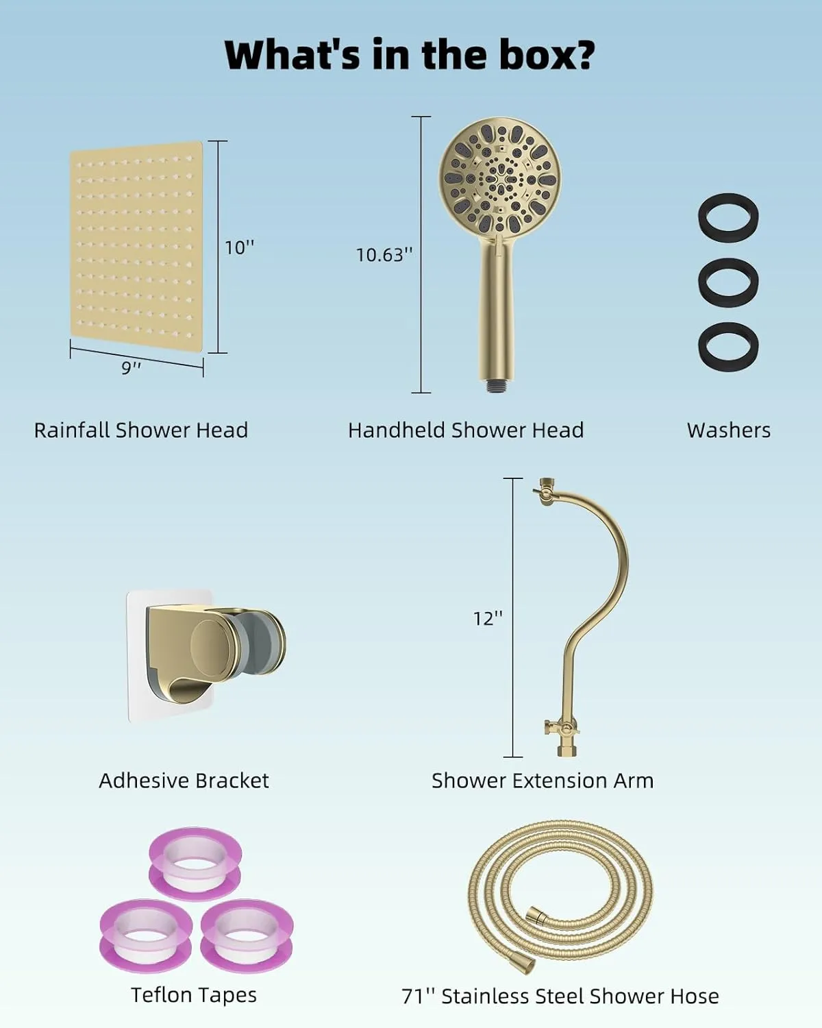 Hibbent All Metal Shower Head, 10'' High Pressure Rainfall Shower Head/Handheld Showerhead Combo with 12'' Adjustable Curved Shower Extension Arm, 7-Spray, 71'' Hose, Showerhead Holder, Brushed Gold