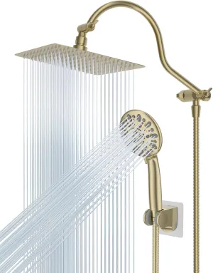 Hibbent All Metal Shower Head, 10'' High Pressure Rainfall Shower Head/Handheld Showerhead Combo with 12'' Adjustable Curved Shower Extension Arm, 7-Spray, 71'' Hose, Showerhead Holder, Brushed Gold