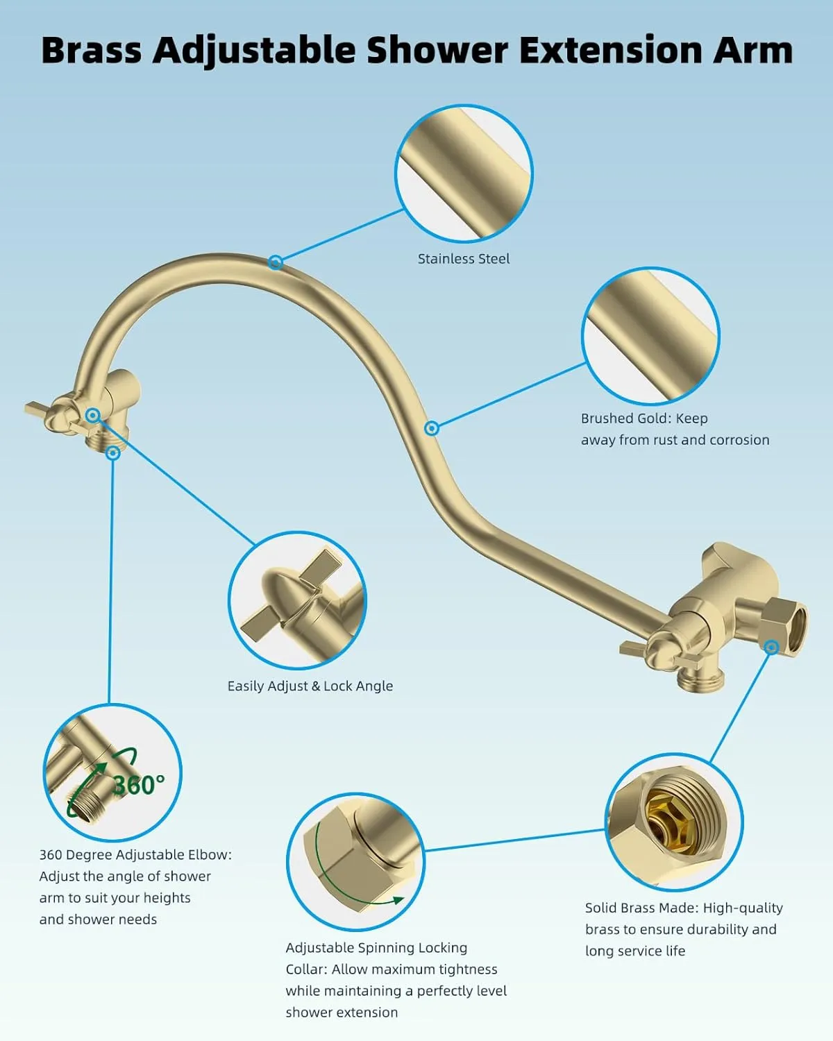 Hibbent All Metal Shower Head, 10'' High Pressure Rainfall Shower Head/Handheld Showerhead Combo with 12'' Adjustable Curved Shower Extension Arm, 7-Spray, 71'' Hose, Showerhead Holder, Brushed Gold