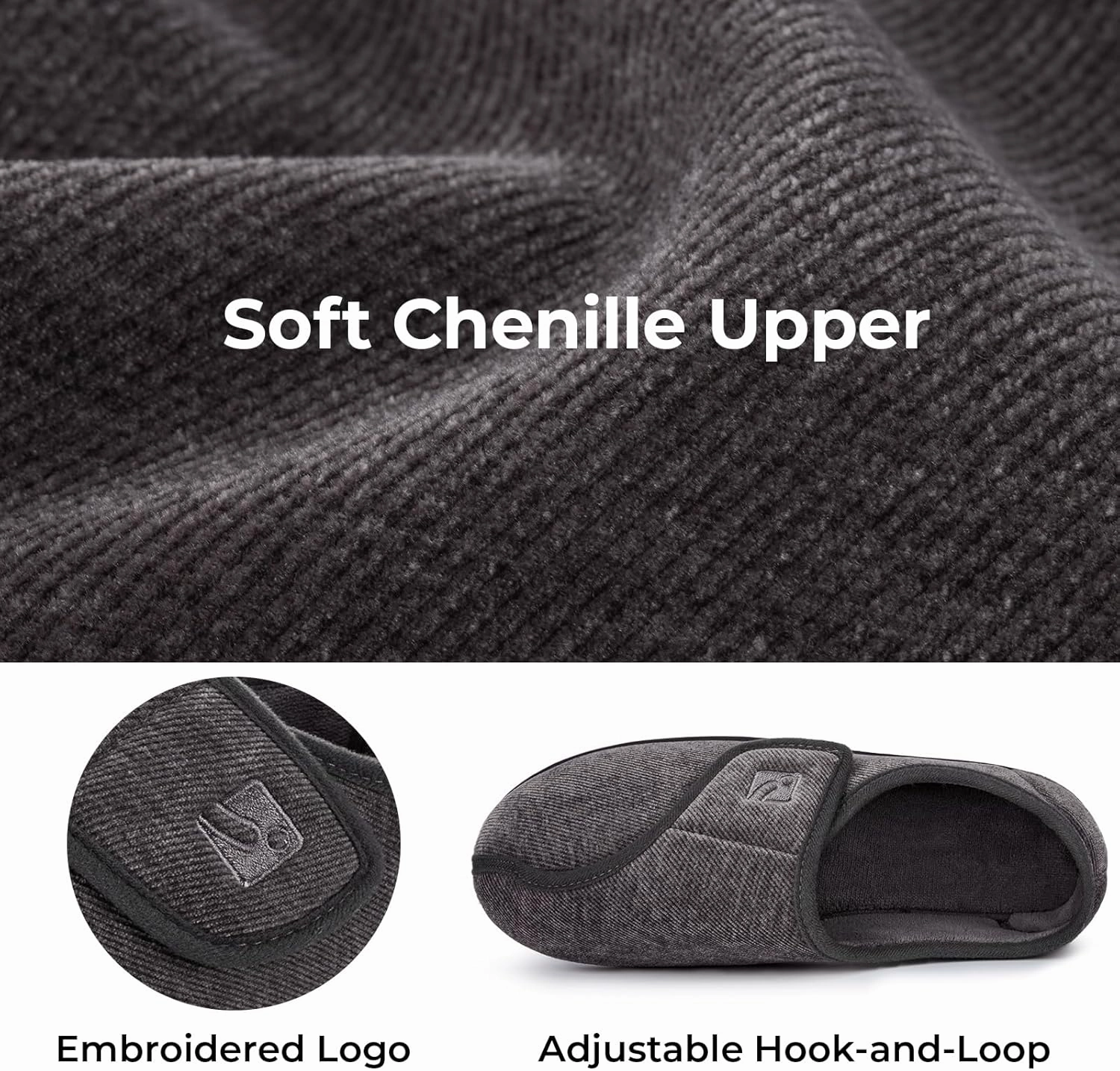 HomeTop Men's Adjustable Chenille Slippers Wide Soft Comfy Non-slip Indoor House Shoes