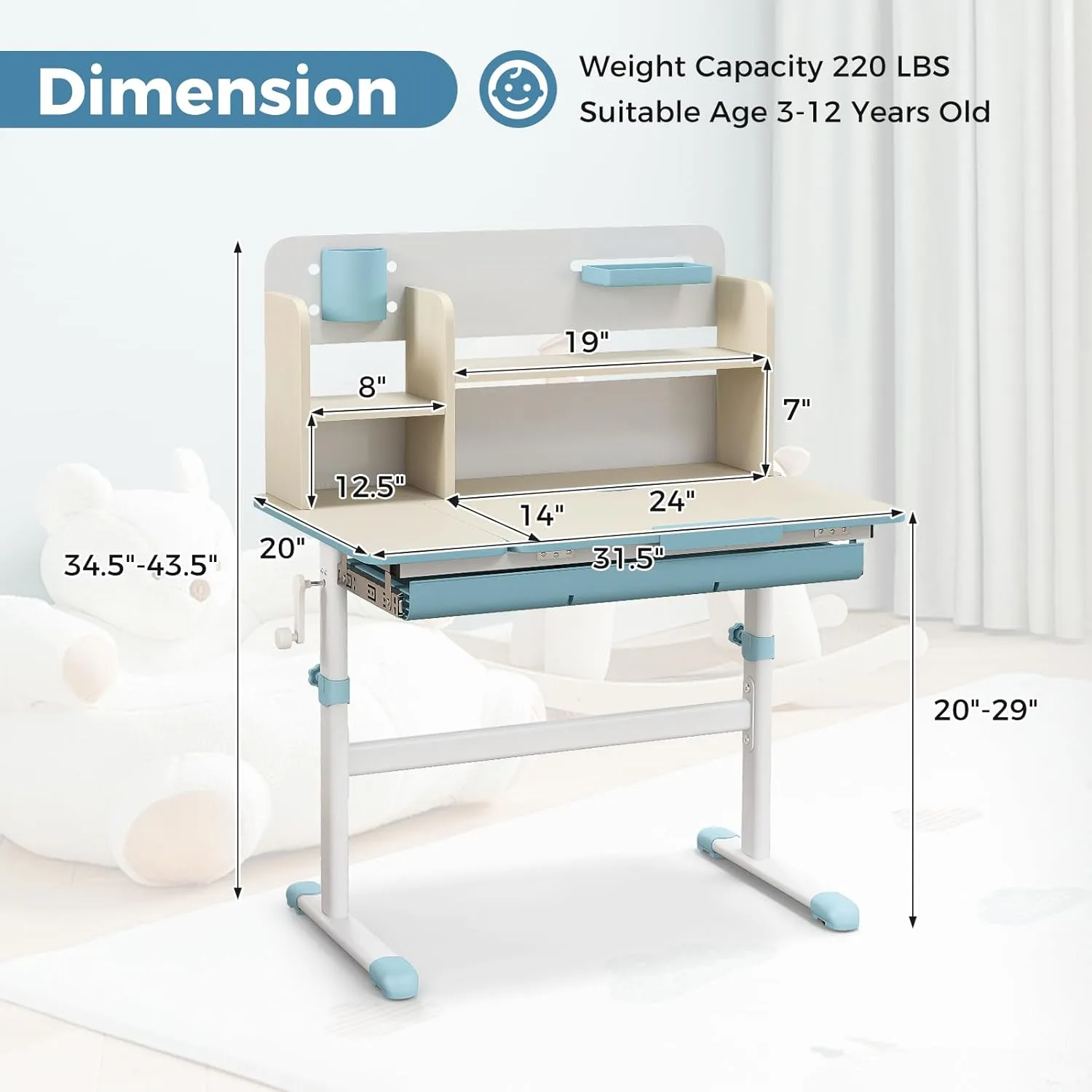 HONEY JOY Kids Desk, Children School Study Desk w/ 7-Level Tiltable Desktop, Height Adjustable Table w/Bookshelf, Pull-Out Drawer & Pen Holder, Student Writing Workstation, Desk for Girls Boys (Blue)