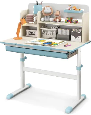 HONEY JOY Kids Desk, Children School Study Desk w/ 7-Level Tiltable Desktop, Height Adjustable Table w/Bookshelf, Pull-Out Drawer & Pen Holder, Student Writing Workstation, Desk for Girls Boys (Blue)