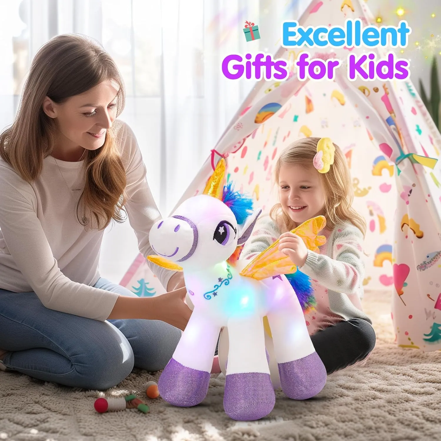Houwsbaby Light Up Unicorn Stuffed Animal Unicorn Toy Glow at Night Soft Horse LED Plush Toy Glitter Gift for Kids Boys Girls Companion Pet Holiday Birthday, 14'' (White)