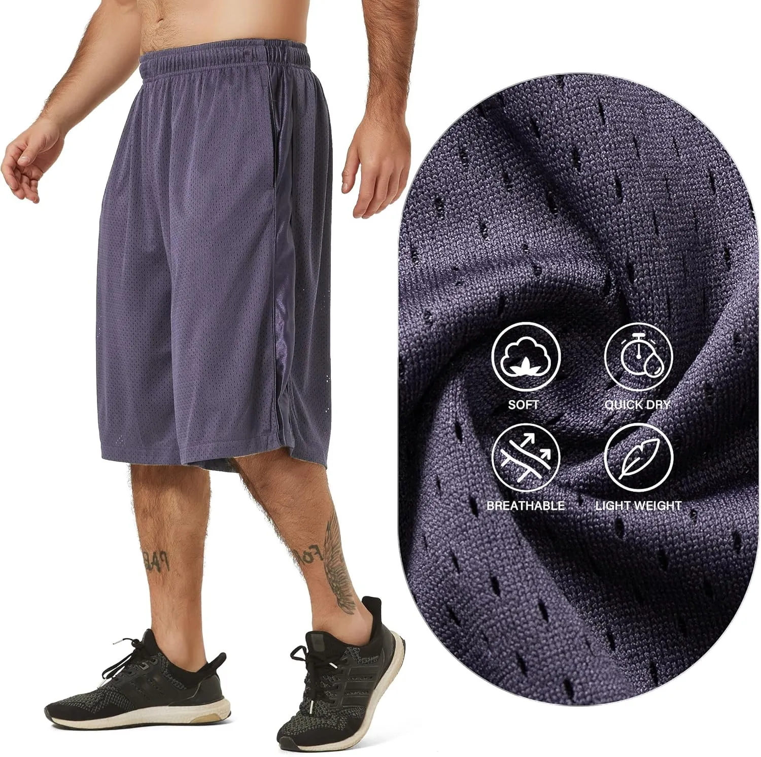 HQUEC Men's 12" Athletic Shorts Long Basketball Workout Shorts Below Knee Loose-Fit with Pockets