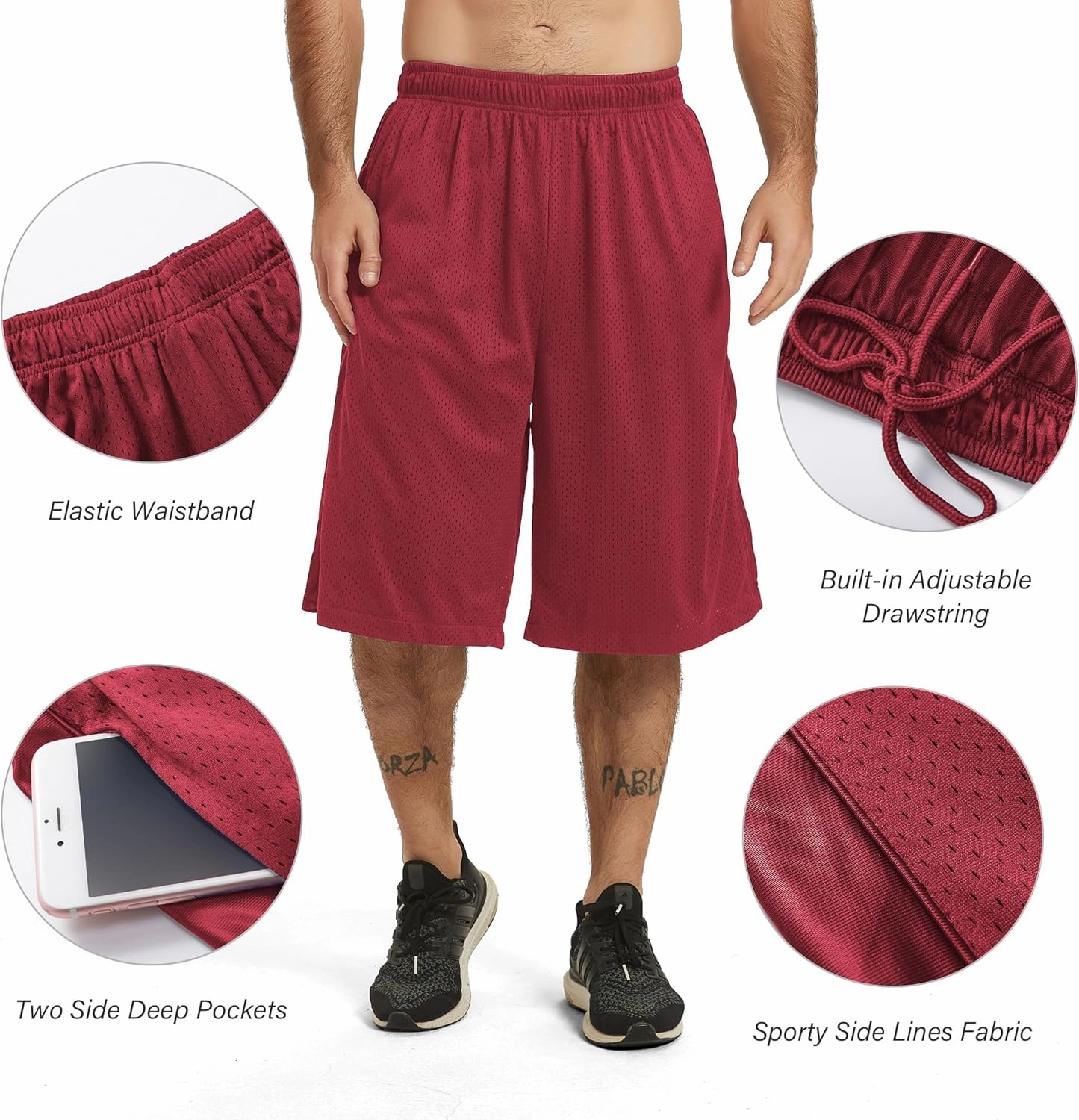 HQUEC Men's 12" Athletic Shorts Long Basketball Workout Shorts Below Knee Loose-Fit with Pockets
