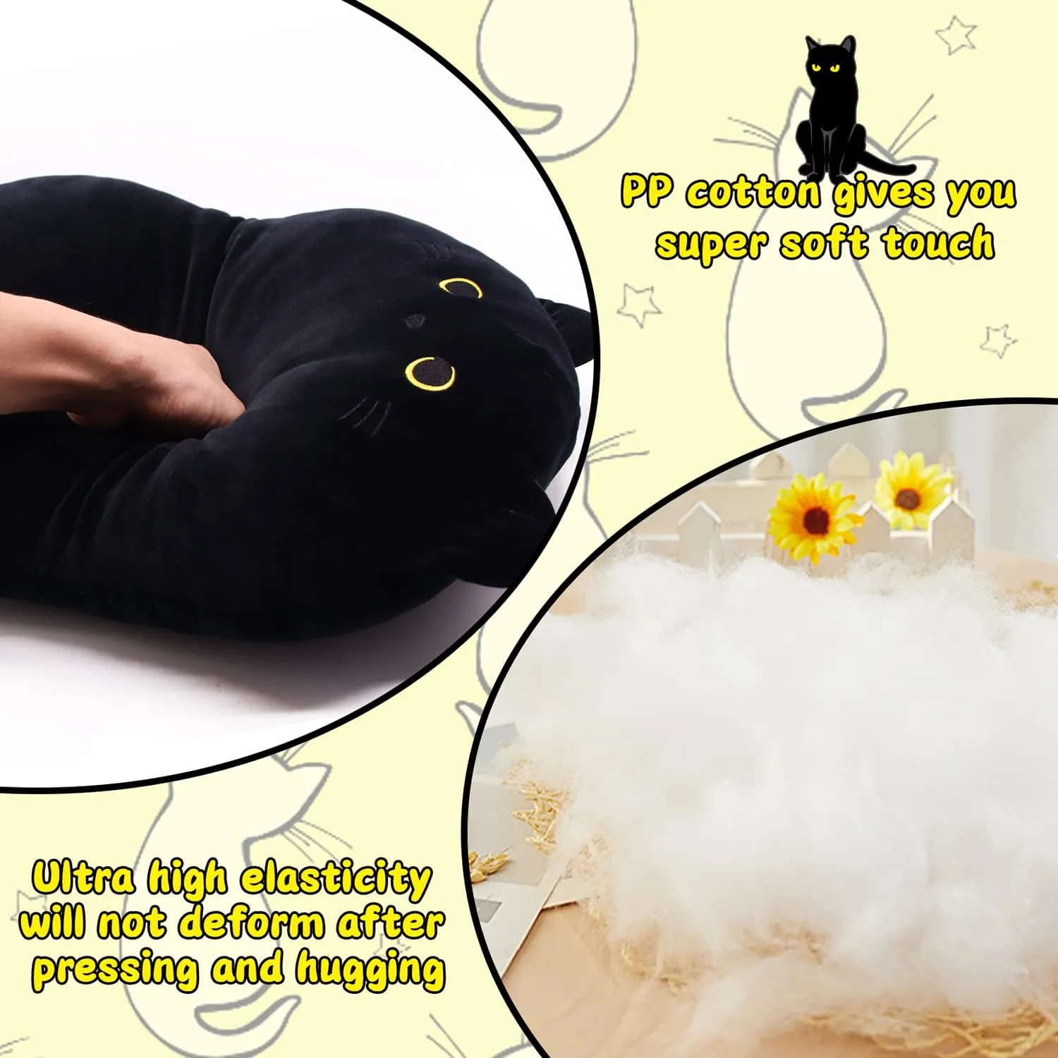 iBccly Black Cat Plush Pillow,18inch Long Cat Boby Plushie Cuddly Sleep Pillow for Kids, Fat Kitten Stuffed Animal Birthday Gifts for Boys and Girls, Home Decor