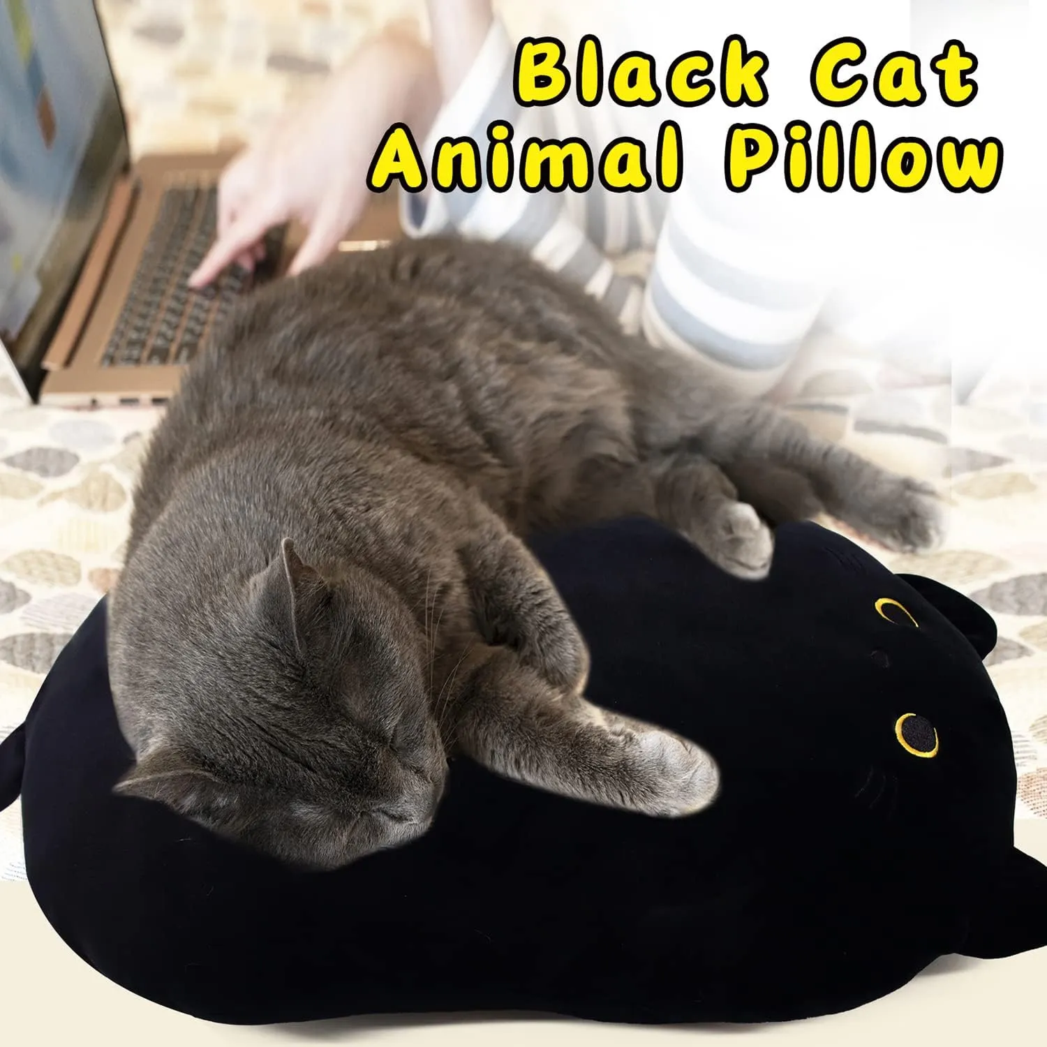 iBccly Black Cat Plush Pillow,18inch Long Cat Boby Plushie Cuddly Sleep Pillow for Kids, Fat Kitten Stuffed Animal Birthday Gifts for Boys and Girls, Home Decor